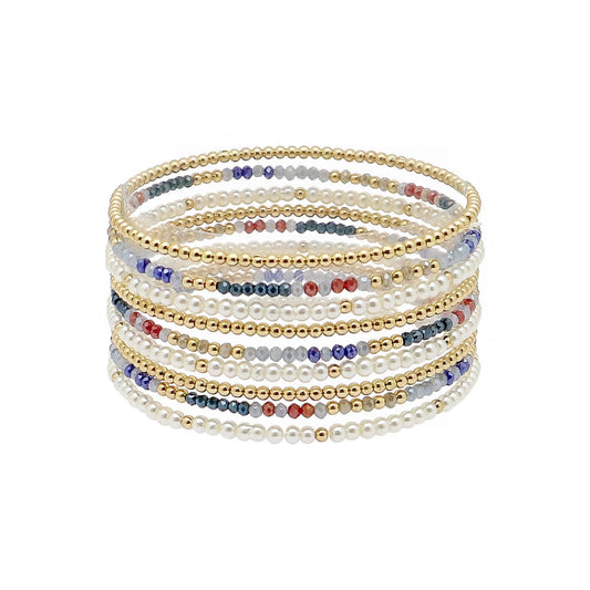 1mm Gold Beaded and Multi Crystal Set of 9 Stretch Bracelets