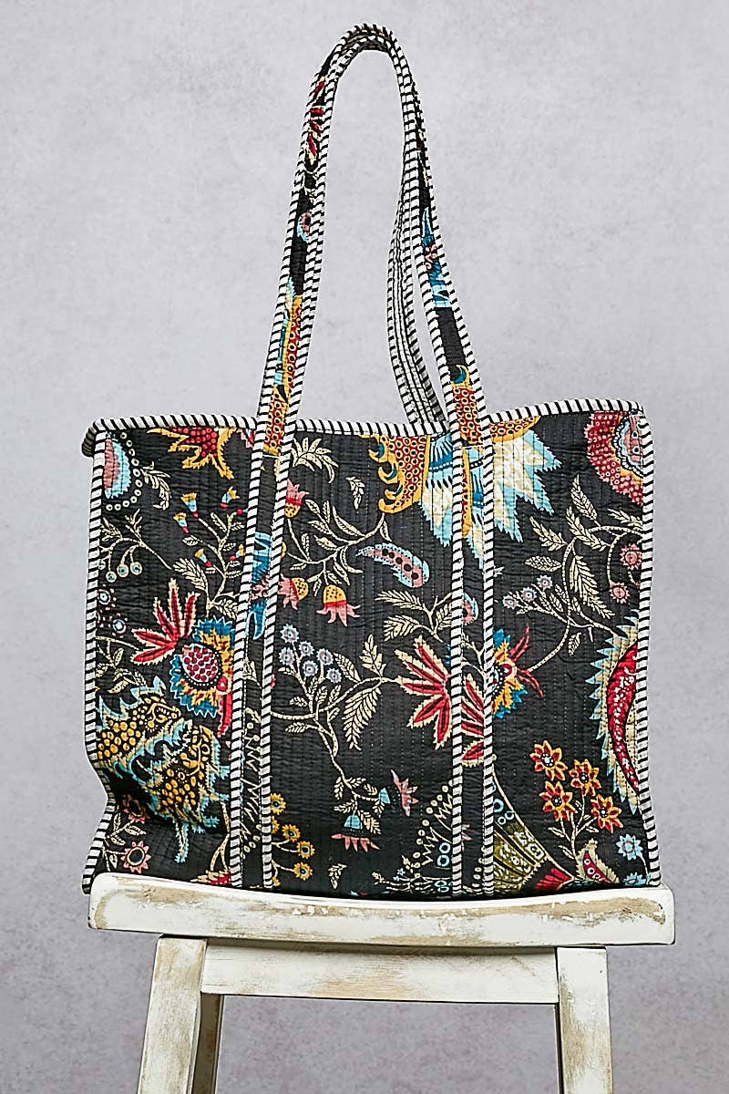 Quilted Striped Black Tote Bag