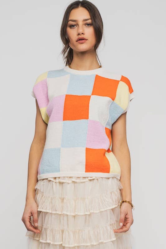 Checkered Knit Sweater Vest