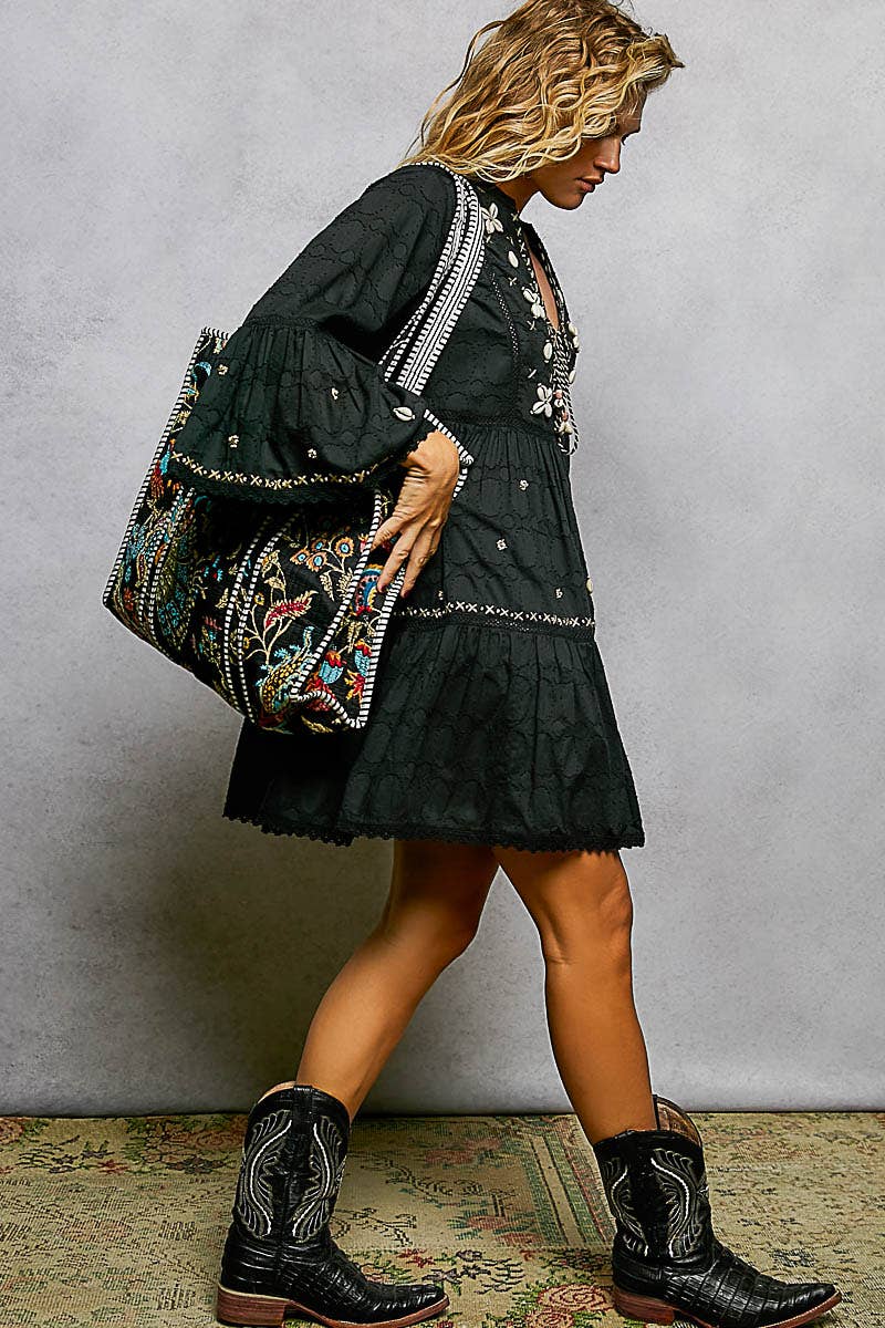 Quilted Striped Black Tote Bag