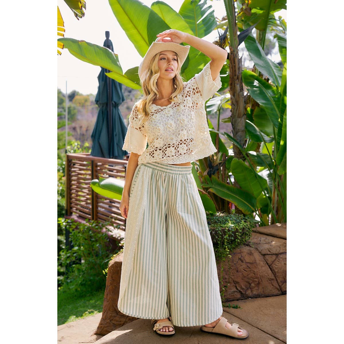 Floral Eyelet Wide Leg Pants