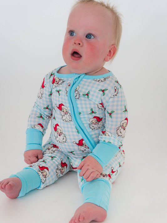 SoftSnooze™ Baby Bamboo Viscose Blue Dear Santa Convertible One Piece Footie Pajama