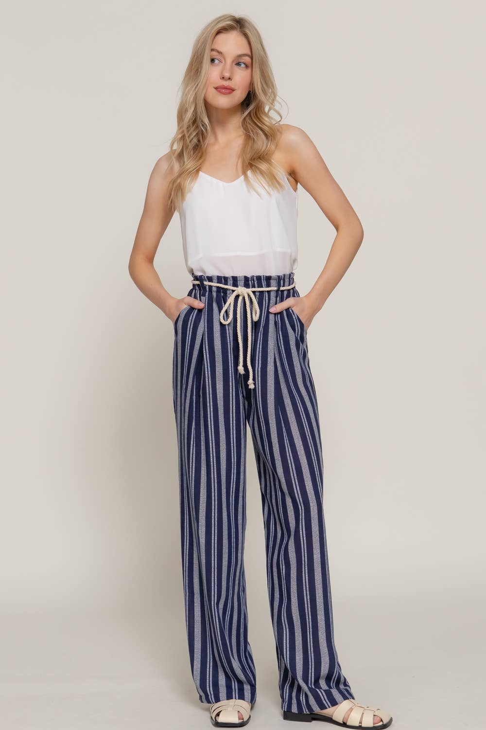 Robe Belt Stripe Print Linen Effect Pants