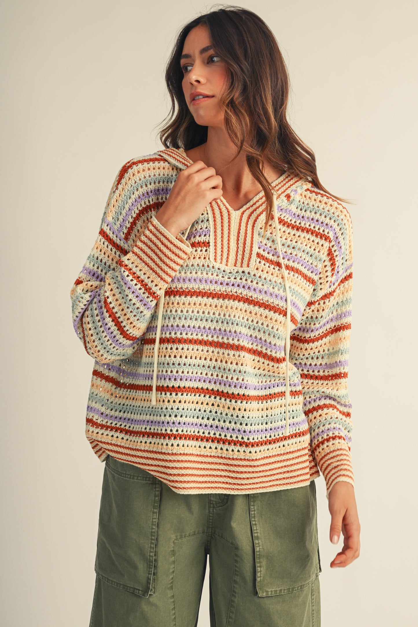 Crochet Stripe Hooded Knit Pullover