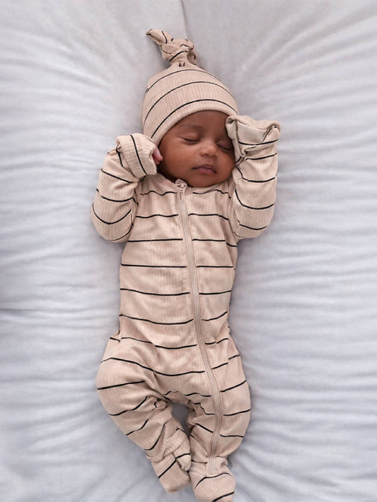 Tan/Black Stripe / Ribbed 2-Way Zip Footie