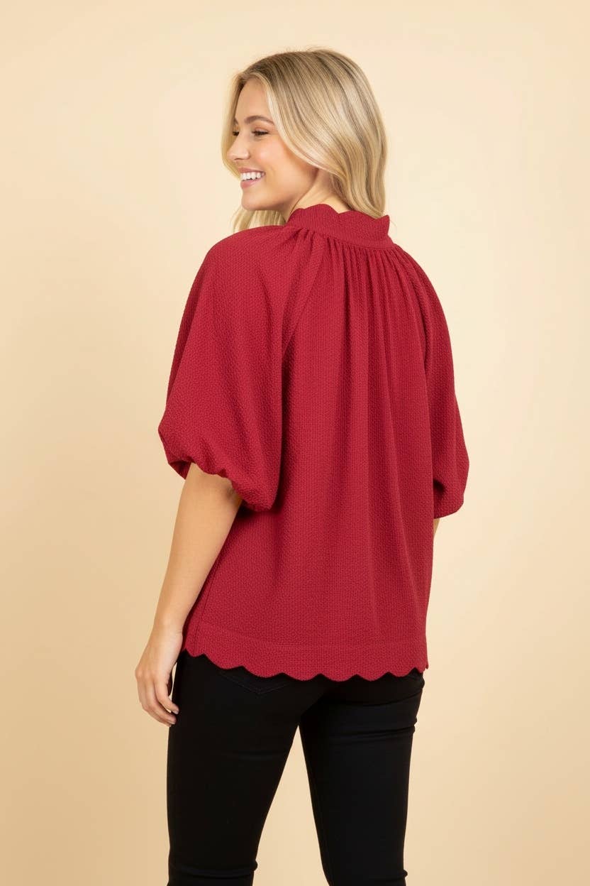 Scalloped Hem Bubble Sleeve Textured Blouse