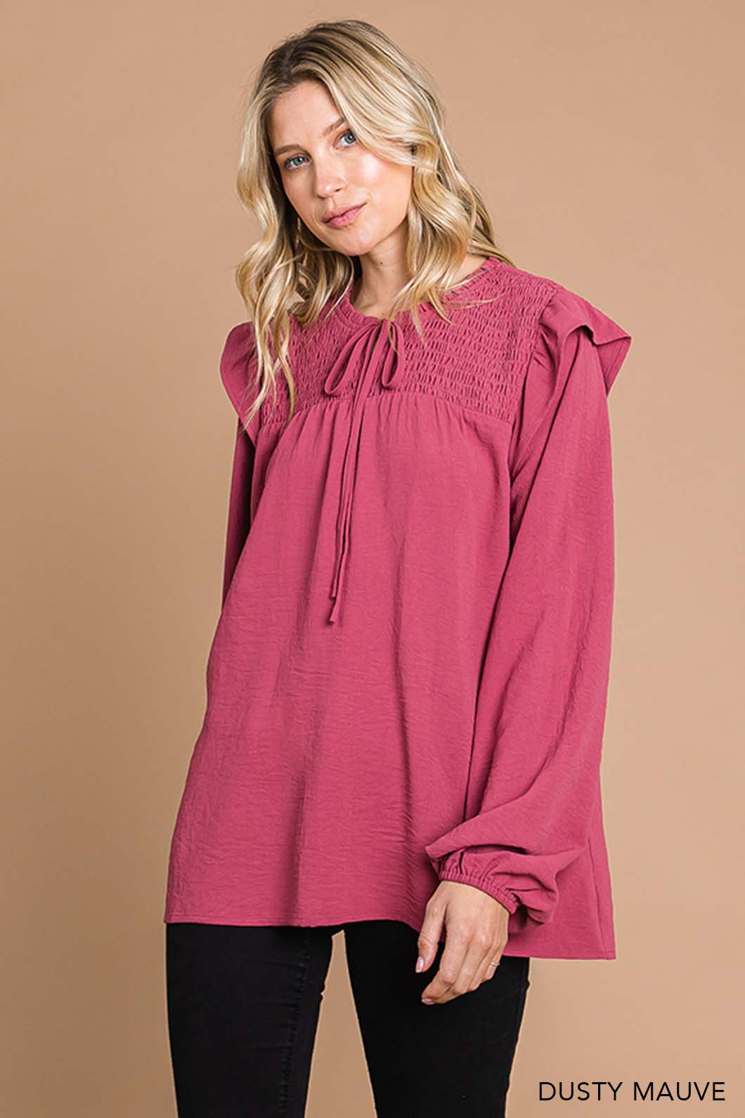 Smocking Detailed Ruffle Shoulder Top