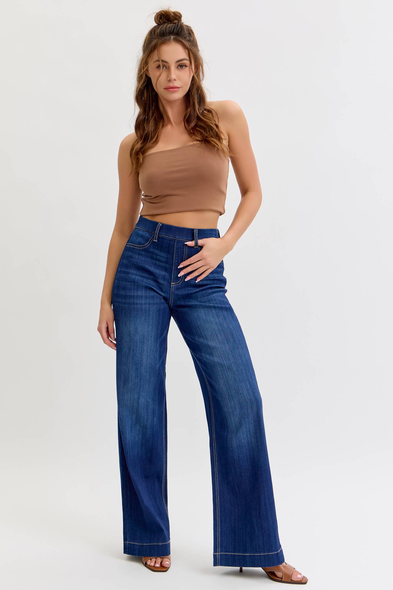 Cello Comfort Dark High Rise Pull-On Wide Leg Denim