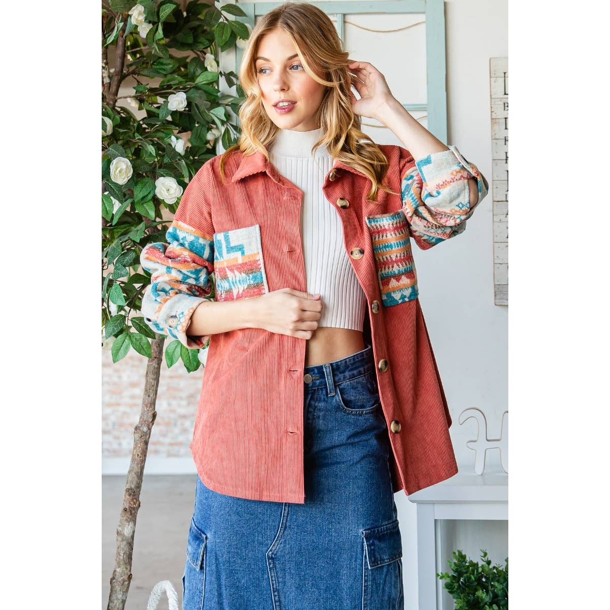 Contrast Pattern Corduroy Shacket