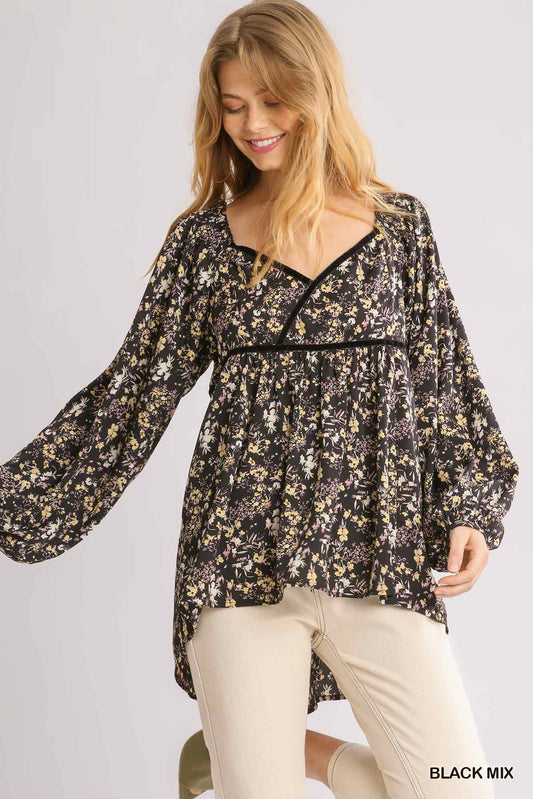 Floral Print Velvet Trim Top