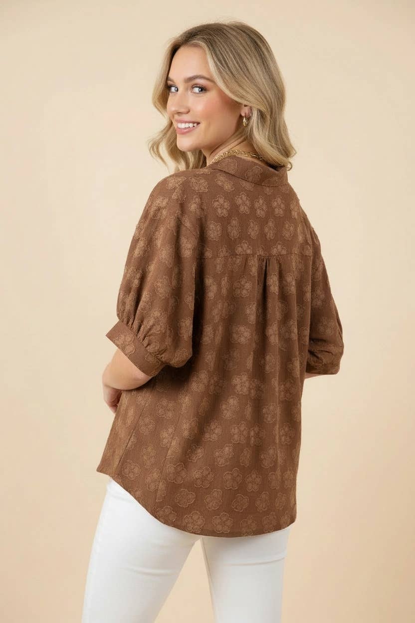 Floral Textured Button Front Collared Blouse