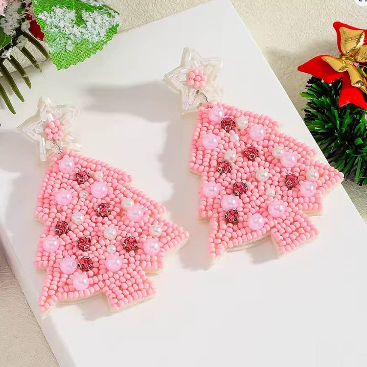 Pink Christmas Tree Seed Bead Earrings