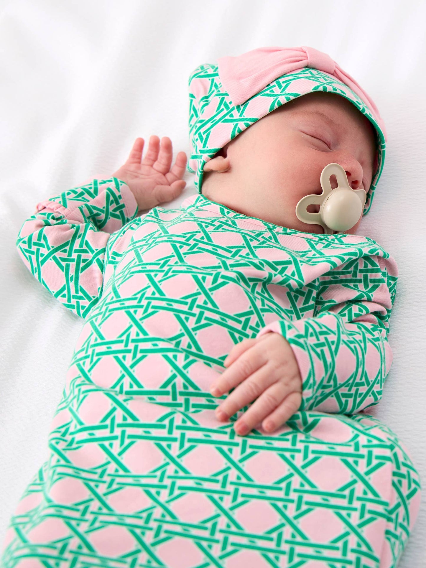 SoftSnooze™ Baby Girls Cotton Modal Pink Coastal Cane Ruffle Knotted Sleep Gown & Bow Hat Set