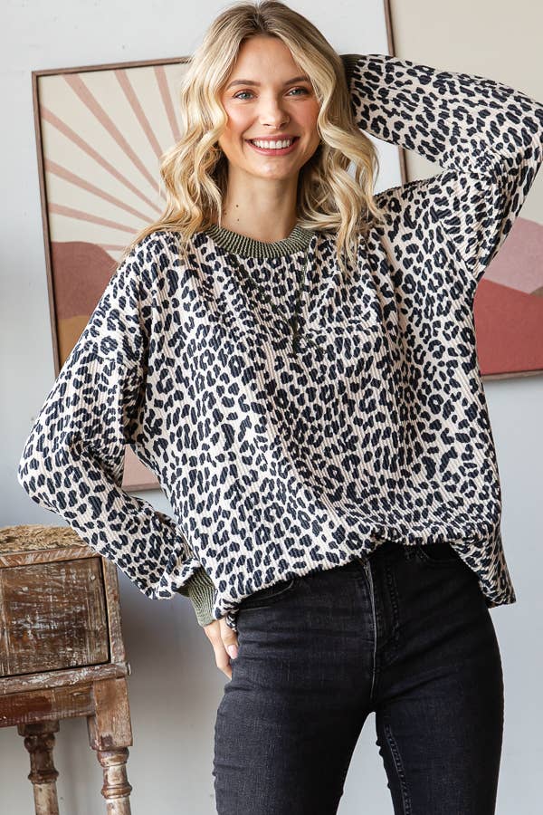 Ribbed Animal Print Long Sleeve Top