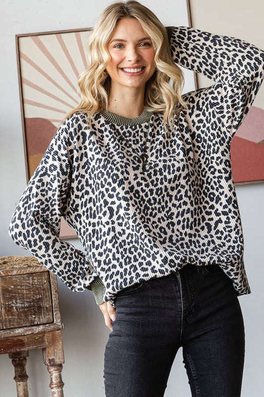 Ribbed Animal Print Long Sleeve Top