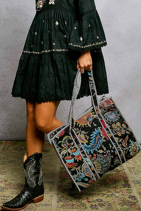 Quilted Striped Black Tote Bag