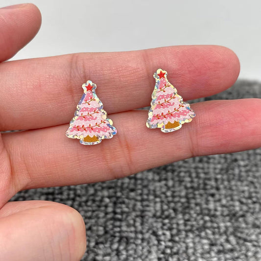 Pink Christmas Tree Earrings