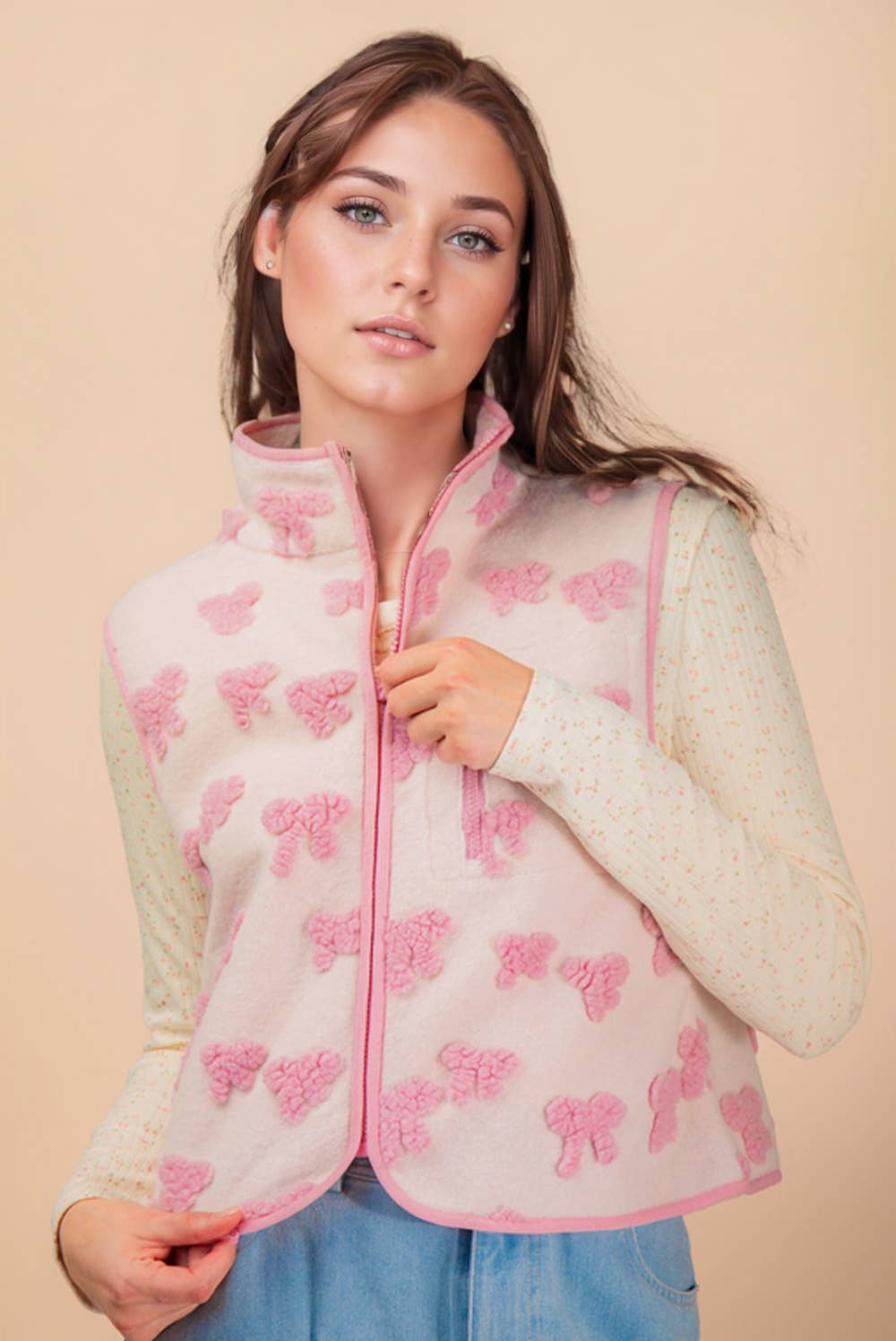 Textured Bow & Floral Printed Vest