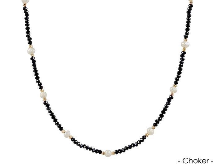 Black Crystal Choker With Pearl 14"-16" Necklace