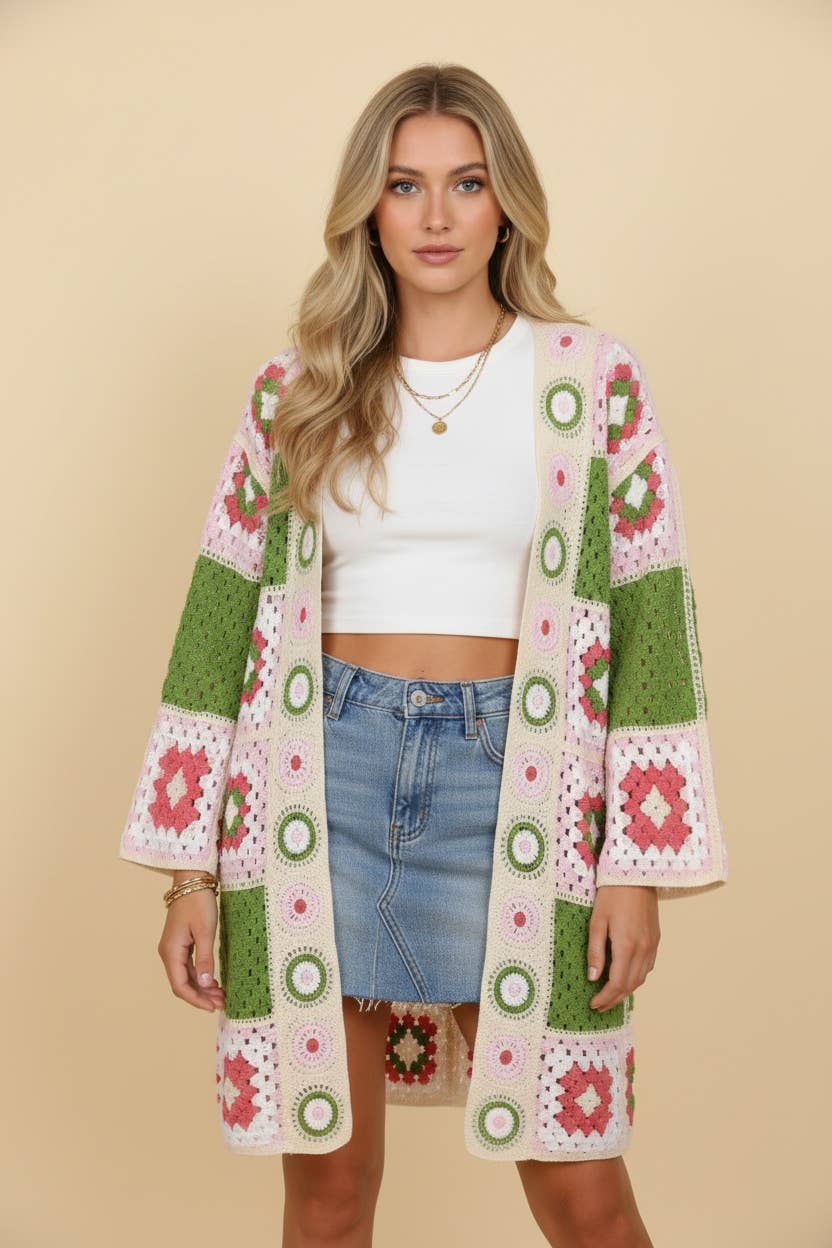 Granny Square Crochet Long Cardigan