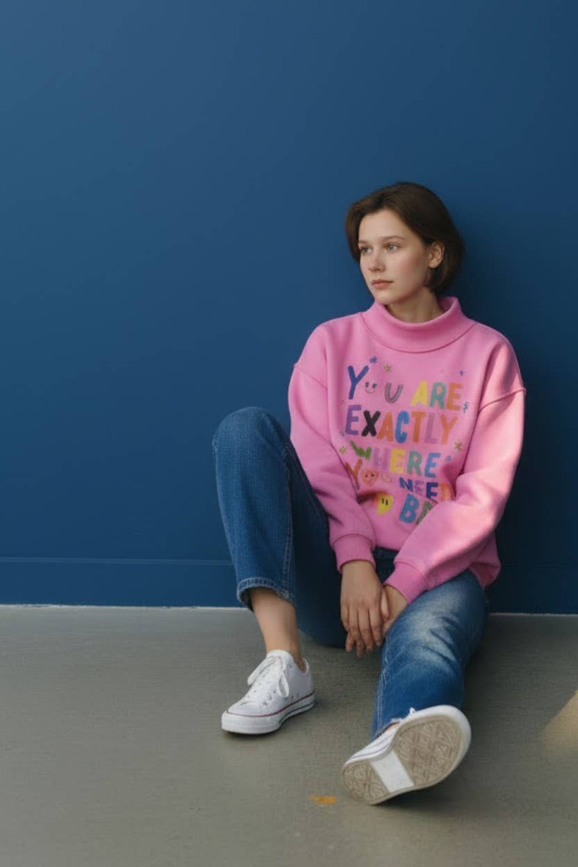 You Are Exactly Where You Need To Be/Life Is Good Reversible Graphic Mock-Neck Crop Sweatshirt