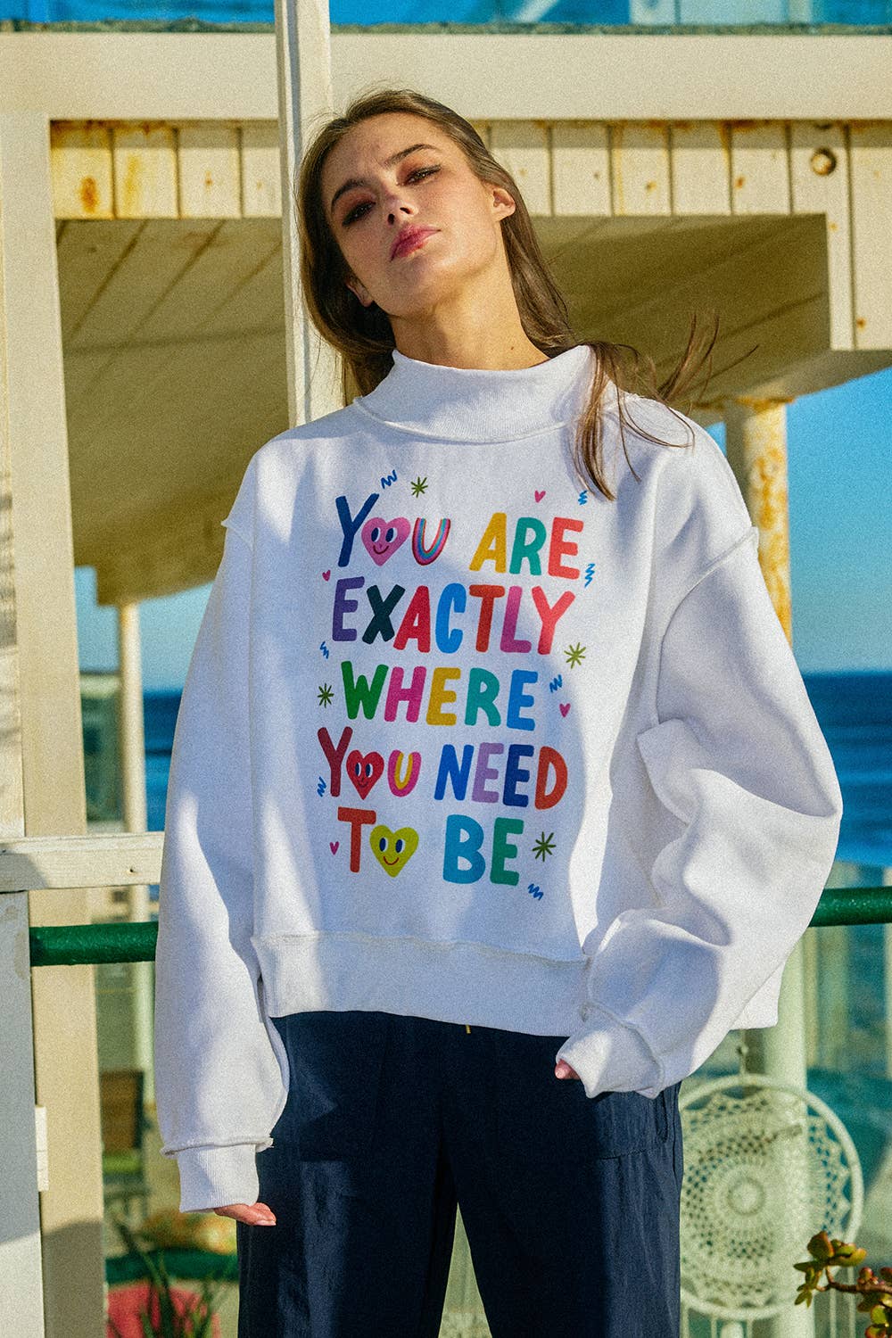 You Are Exactly Where You Need To Be/Life Is Good Reversible Graphic Mock-Neck Crop Sweatshirt