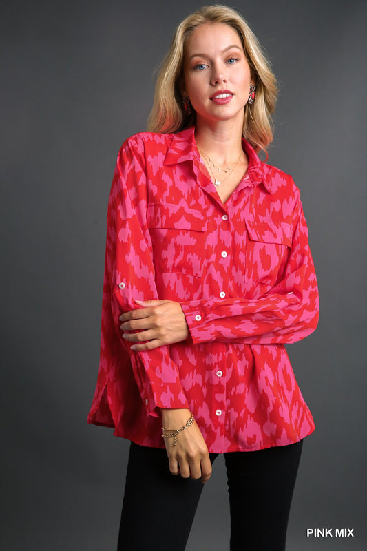 Pink Animal Print Button Up Top