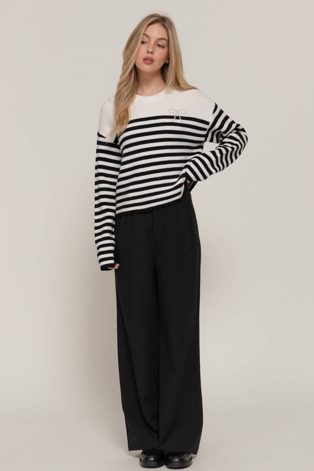 Pearl Bow Striped Sweater