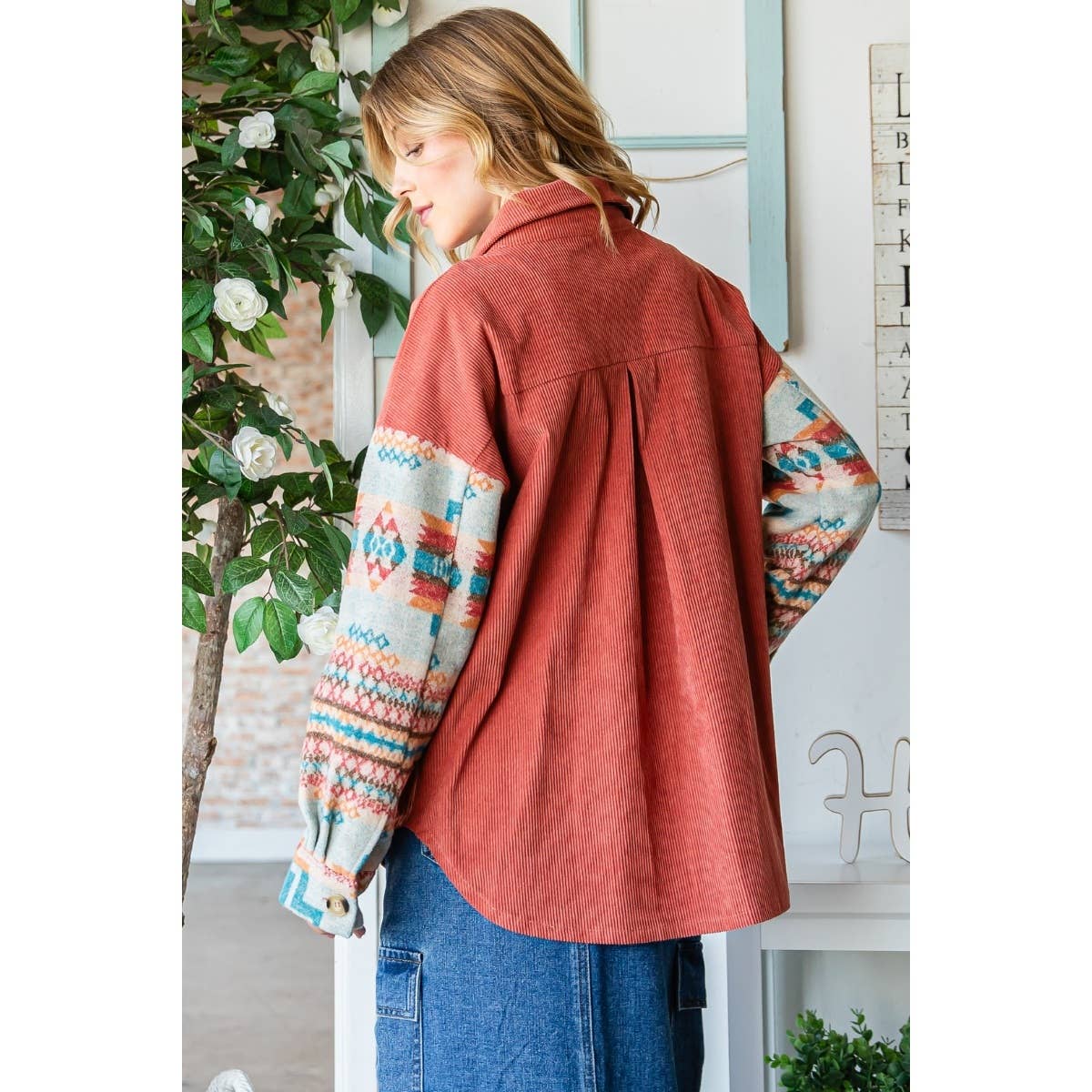 Contrast Pattern Corduroy Shacket