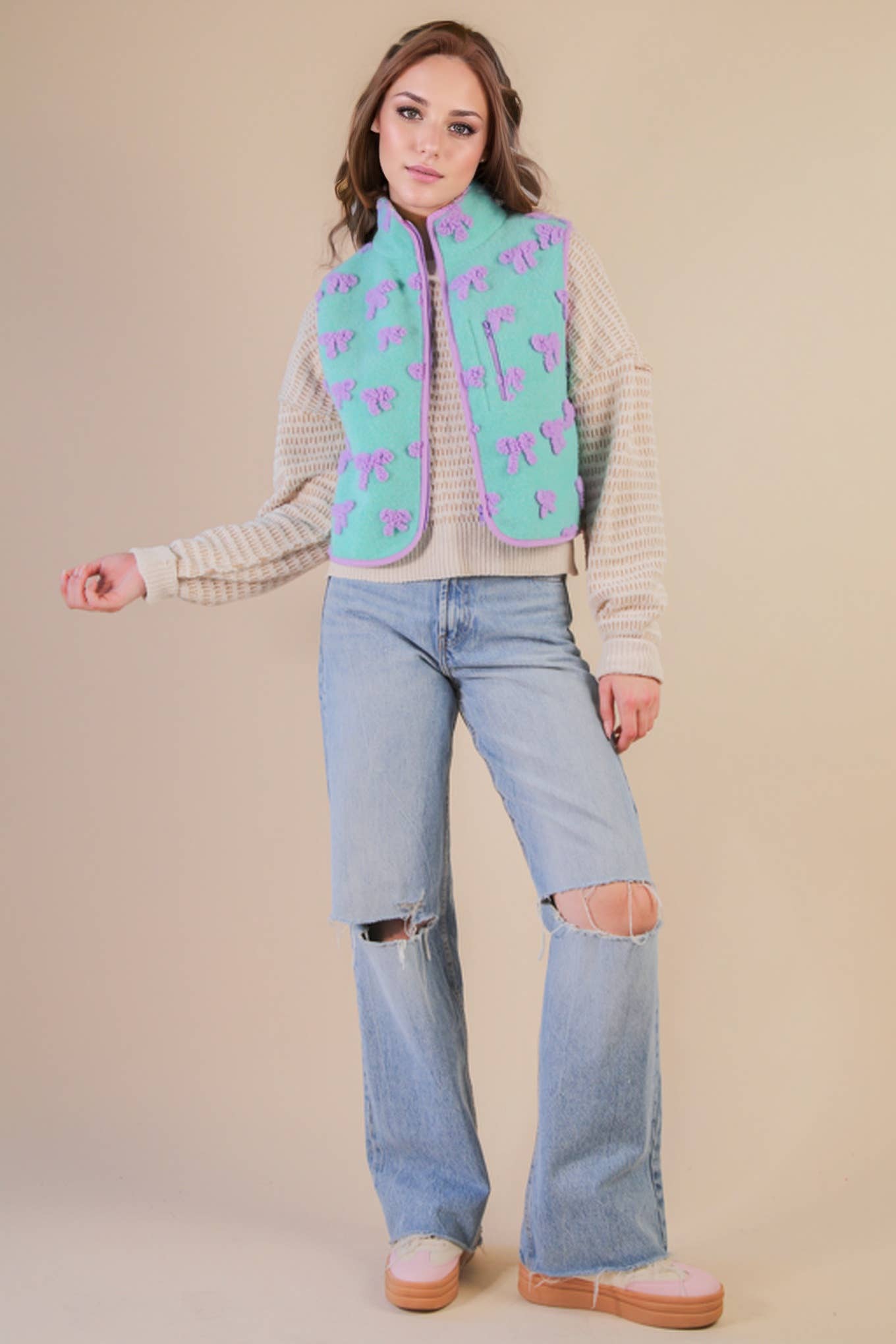 Textured Bow & Floral Printed Vest