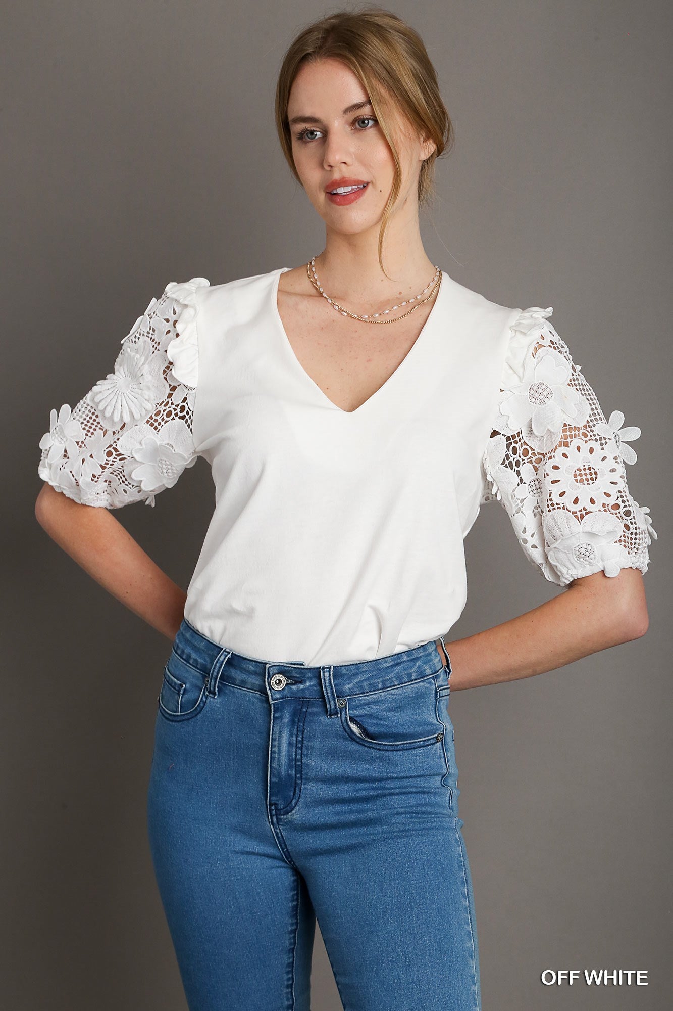 Floral Lace Contrast Sleeve Top
