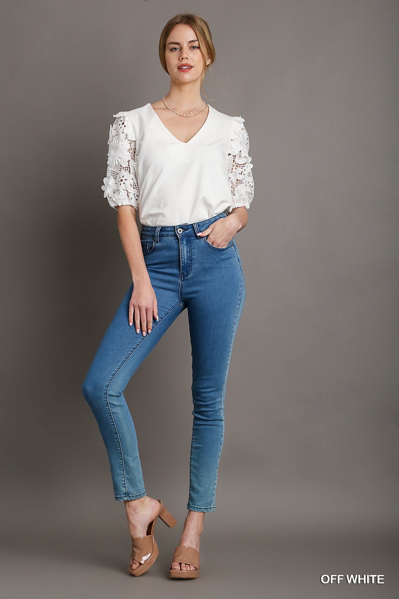 Floral Lace Contrast Sleeve Top