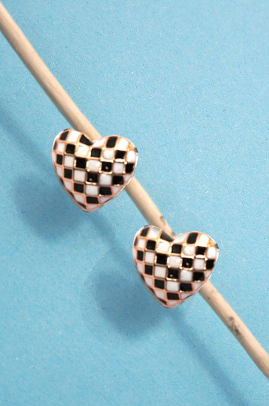 Checkerboard Heart Stud Earrings