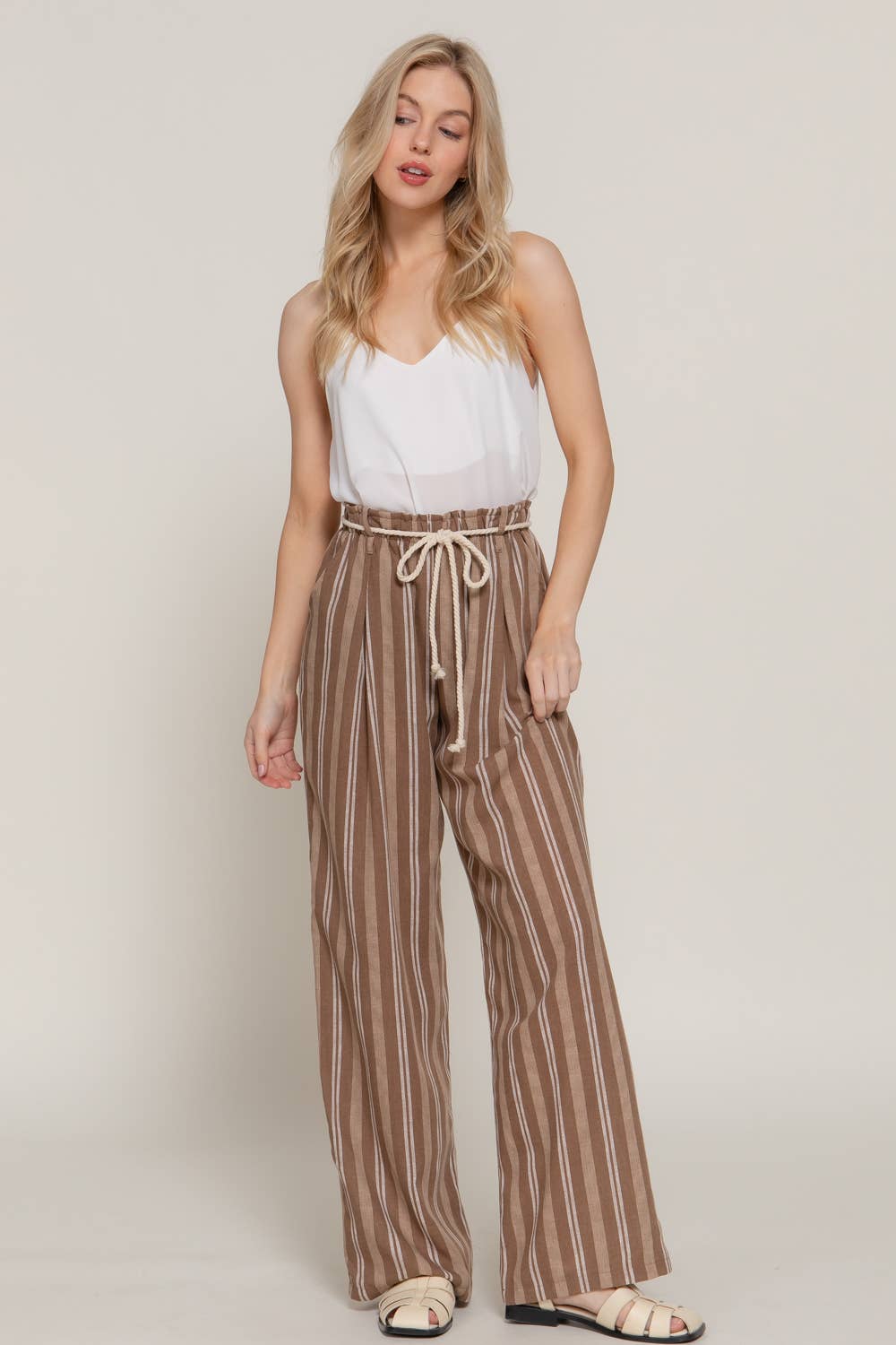 Robe Belt Stripe Print Linen Effect Pants