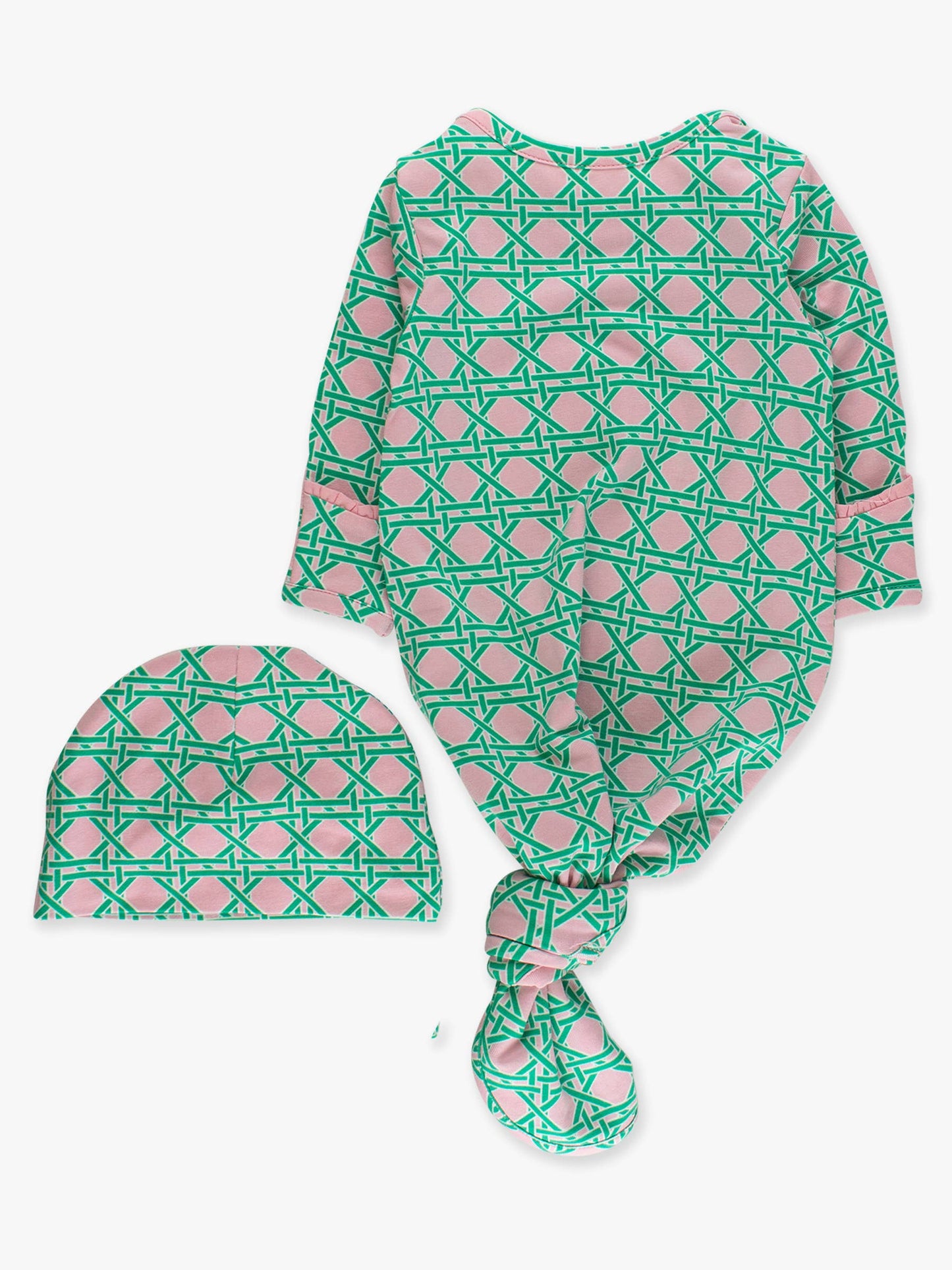 SoftSnooze™ Baby Girls Cotton Modal Pink Coastal Cane Ruffle Knotted Sleep Gown & Bow Hat Set