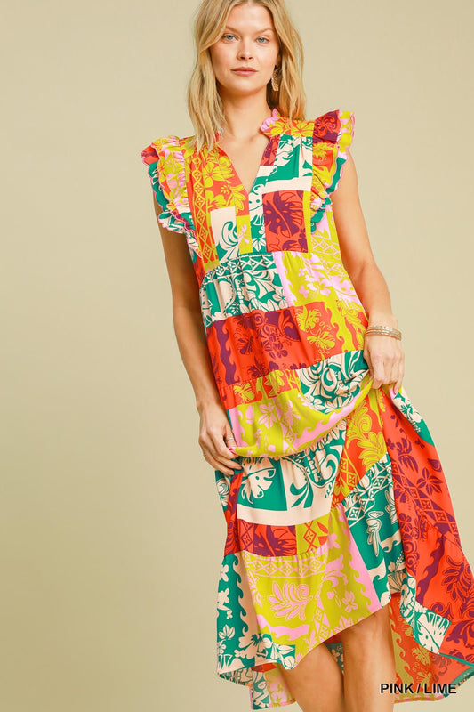 Palm Ruffle Midi Dress