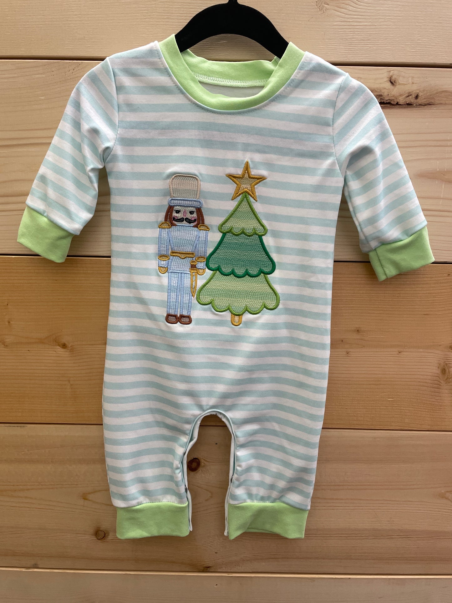 Nutcracker Christmas Tree Embroidery Stripe Boy Romper