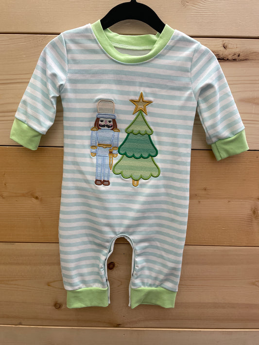 Nutcracker Christmas Tree Embroidery Stripe Boy Romper