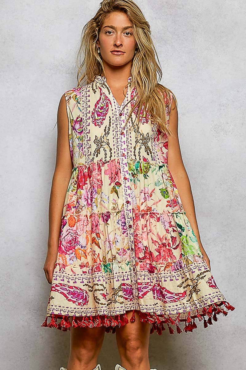 Floral Tassel Beaded Sleeveless Dress