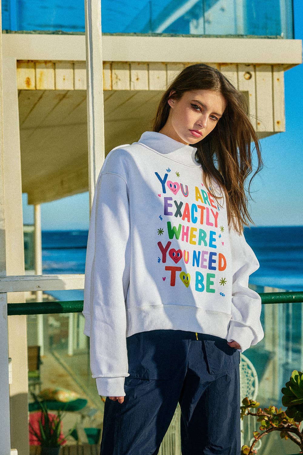 You Are Exactly Where You Need To Be/Life Is Good Reversible Graphic Mock-Neck Crop Sweatshirt