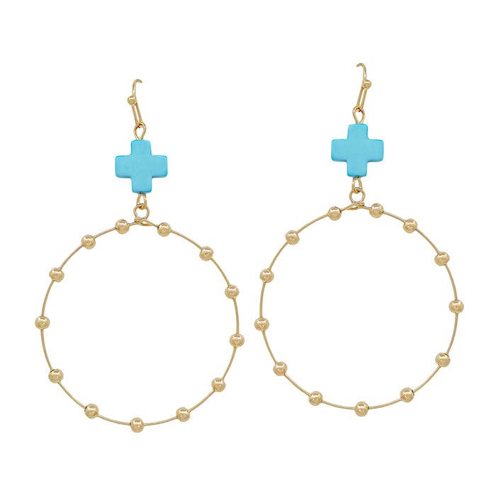 Turquoise Cross Shape with Gold Beaded Open Circle Drop 2" Earring