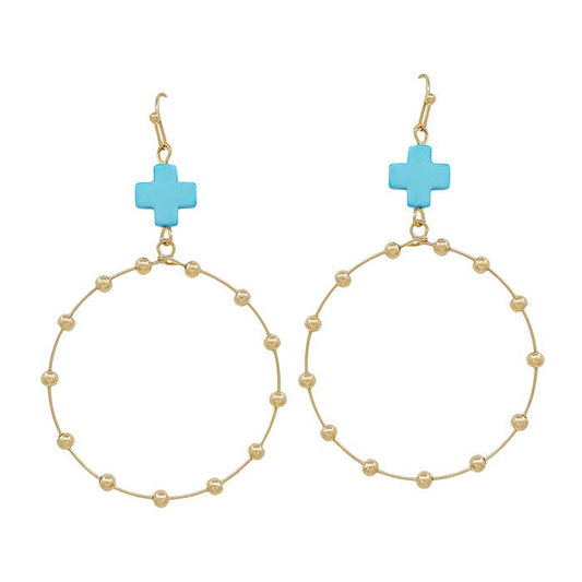 Turquoise Cross Shape with Gold Beaded Open Circle Drop 2" Earring