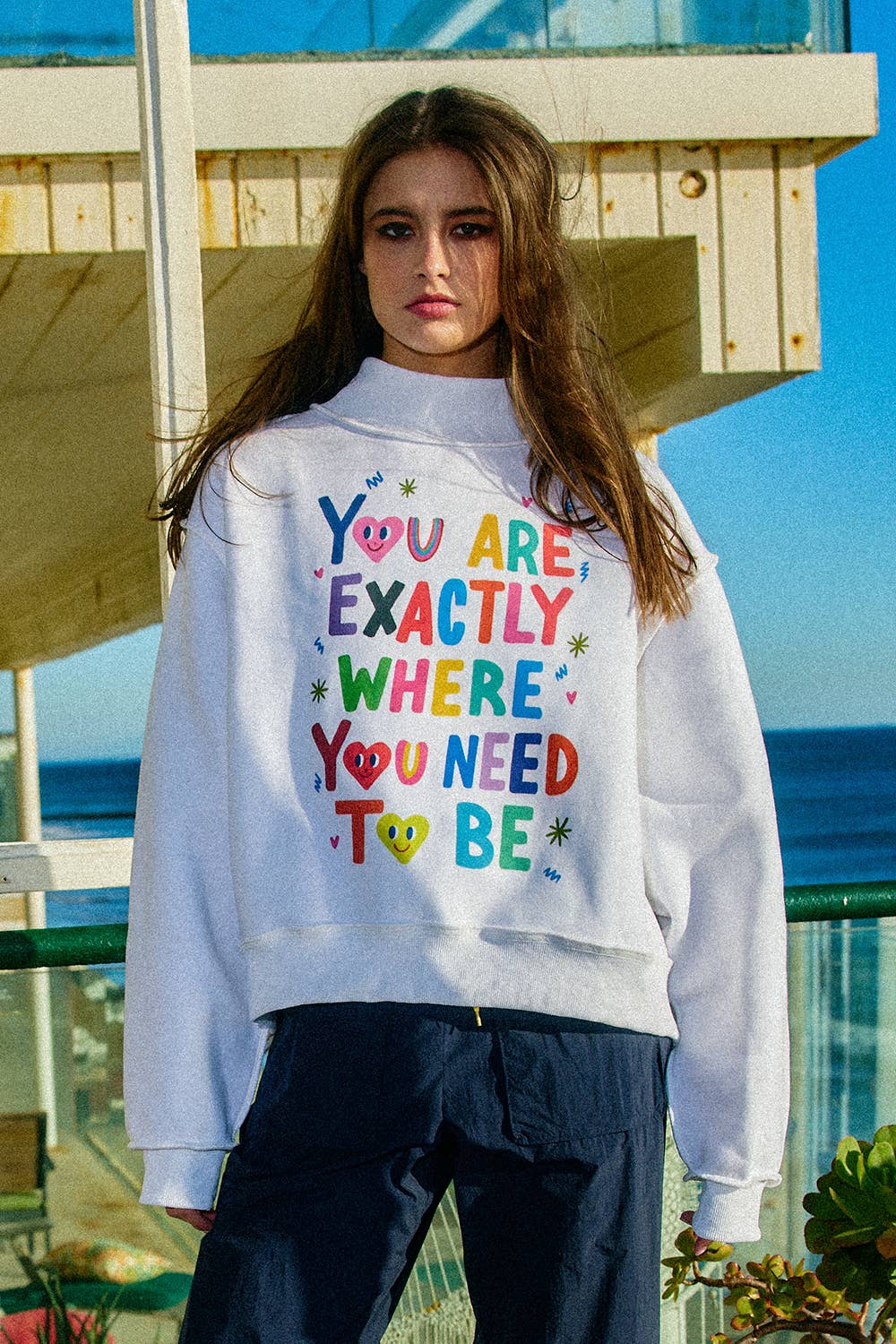 You Are Exactly Where You Need To Be/Life Is Good Reversible Graphic Mock-Neck Crop Sweatshirt