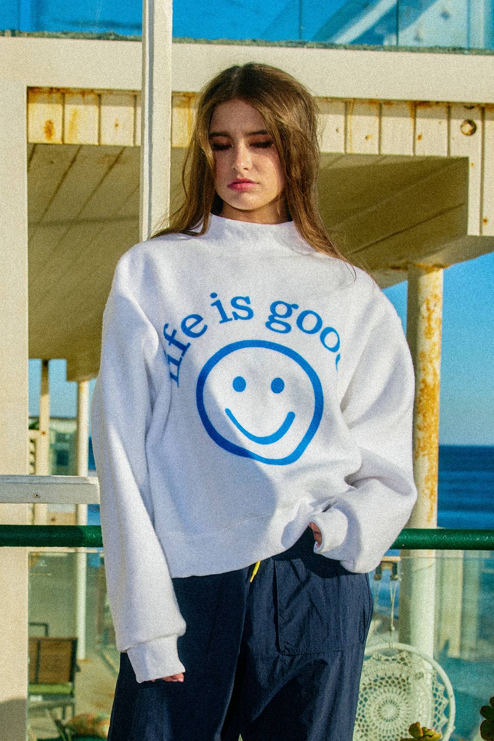 You Are Exactly Where You Need To Be/Life Is Good Reversible Graphic Mock-Neck Crop Sweatshirt