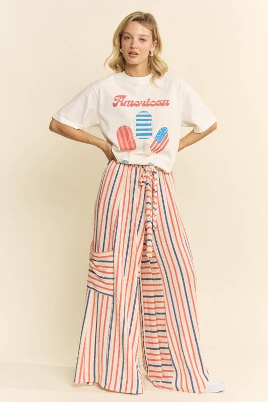Red & Blue Stripe Wide Leg Pants