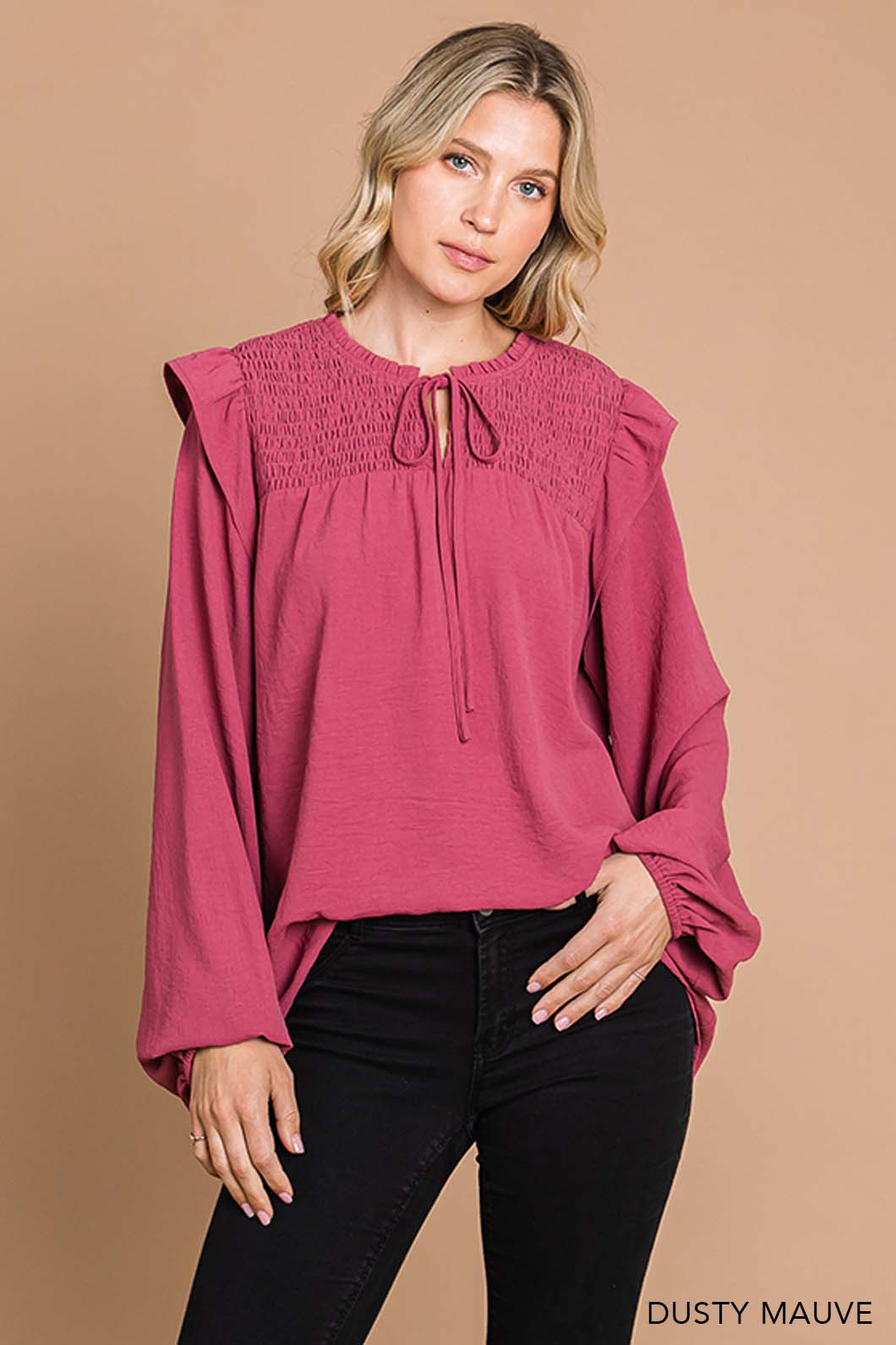 Smocking Detailed Ruffle Shoulder Top