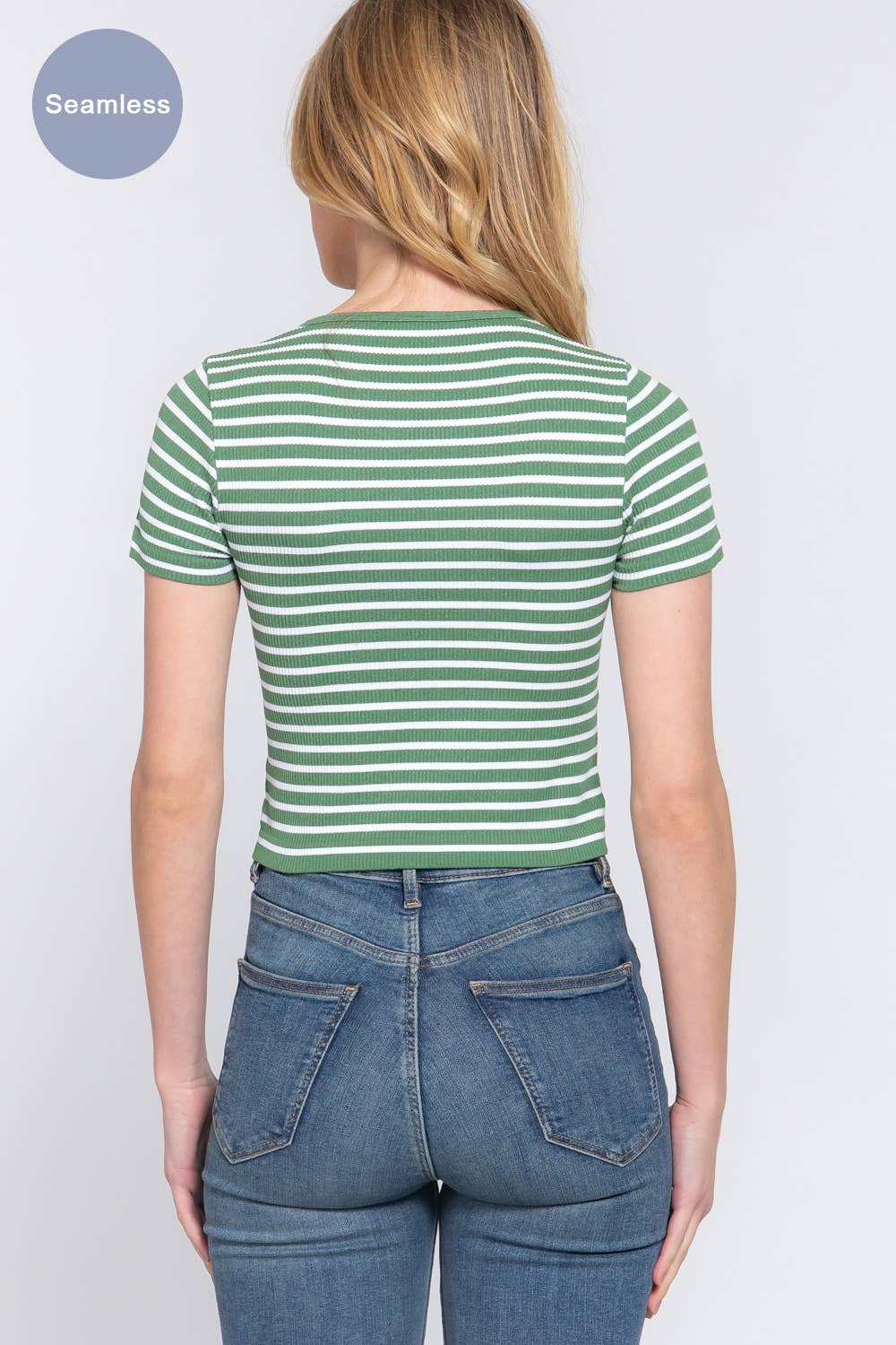 Short Sleeve Crew Neck Stripe Rib Knit Top