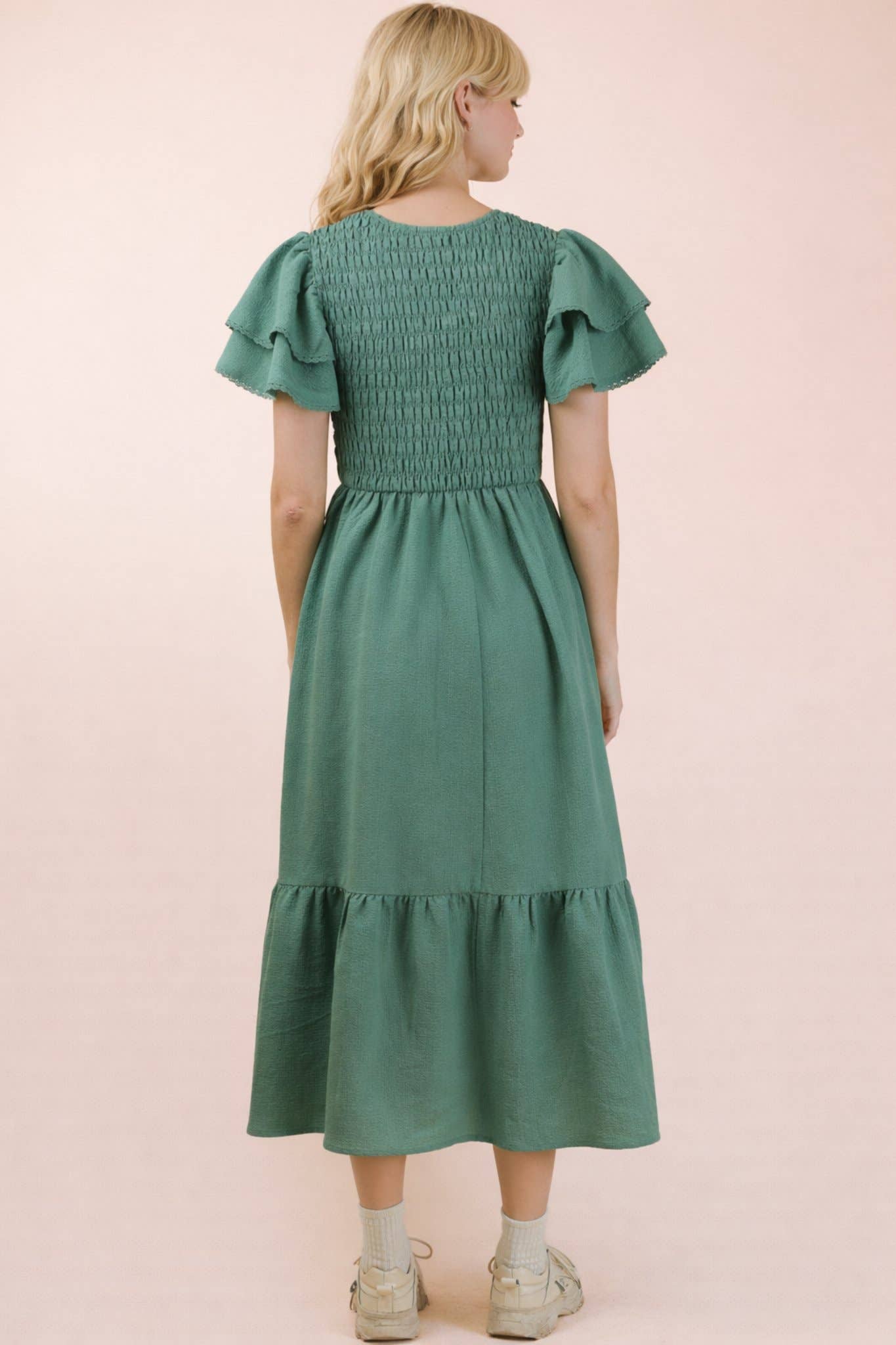 Smocked Ruffle Sleeve Midi Dress