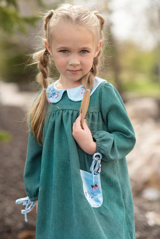 Kids Dark Teal Corduroy Pocket Bow Fall Winter Dress