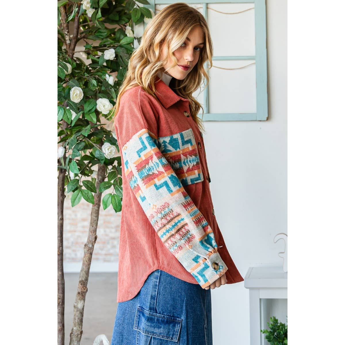 Contrast Pattern Corduroy Shacket